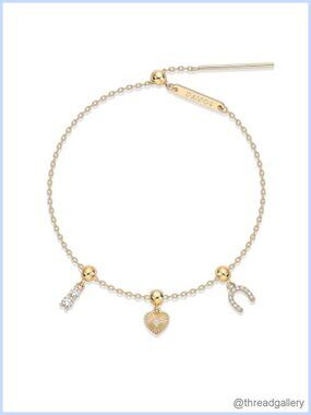 14K Gold Plated Adjustable Charm Bracelet Set with CZ, Horseshoe & Heart